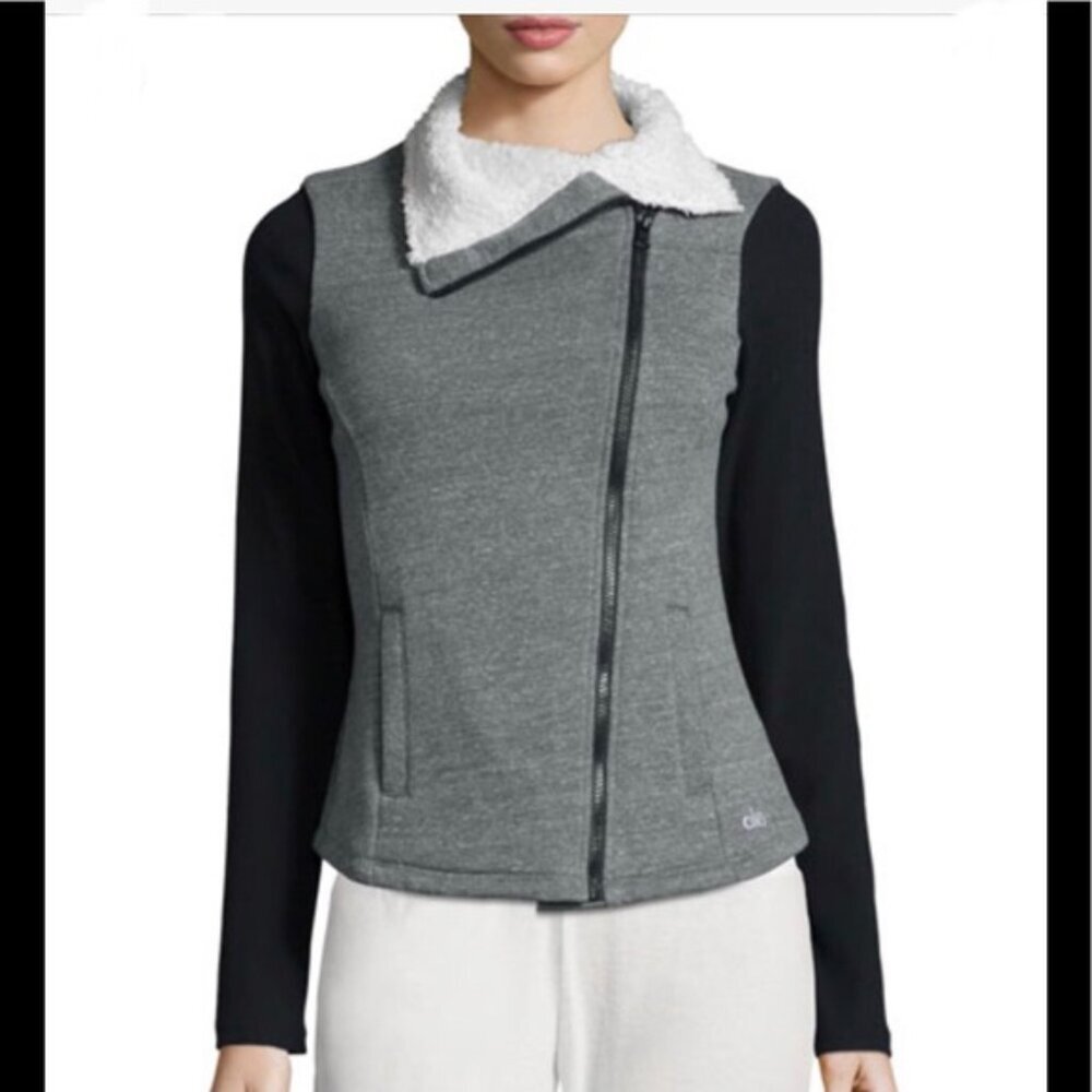 ALO Tao Asymmetric Zip Fleece Sherpa Sport Jacket Moto Cozy Yoga Stretch Zipper